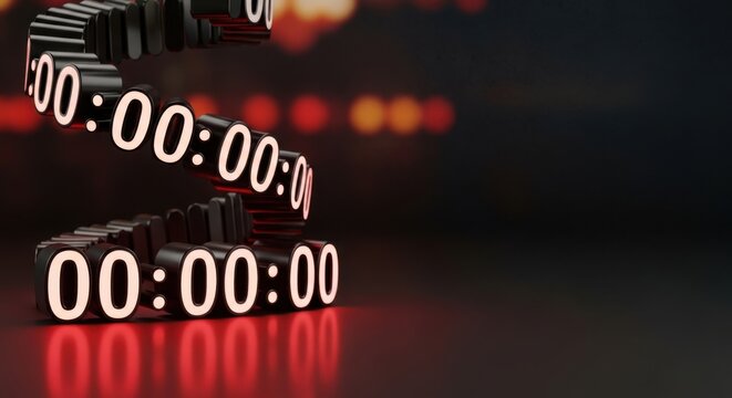 Spiral Digital Clock Display with Red Glowing Zeros and Bokeh