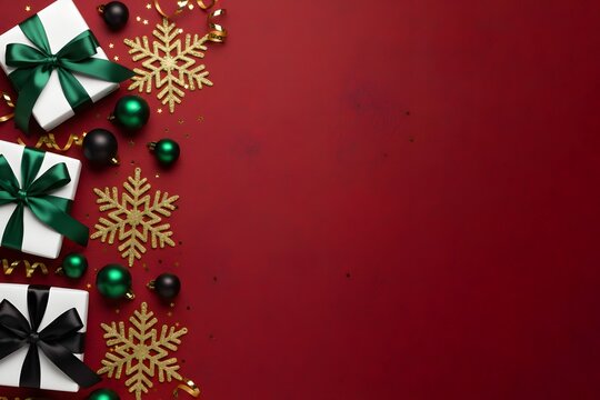 Top view photo of Christmas decorations green and black balls snowflakes small white gift boxes with green and black ribbon bows serpentine sequins on a red surface. Copy space for text.