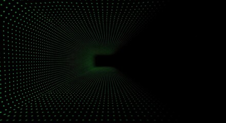 Green glowing dots form abstract digital technology tunnel background