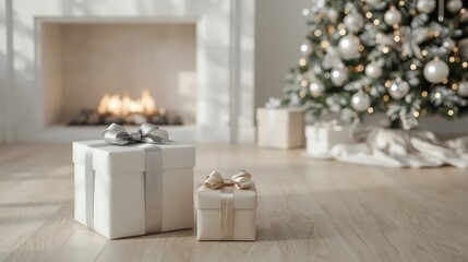 Cozy Christmas Living Room Scene with Christmas Tree, Wrapped Gifts, Warm Fireplace, Winter Holiday Decor, Festive Celebration, Seasonal Atmosphere