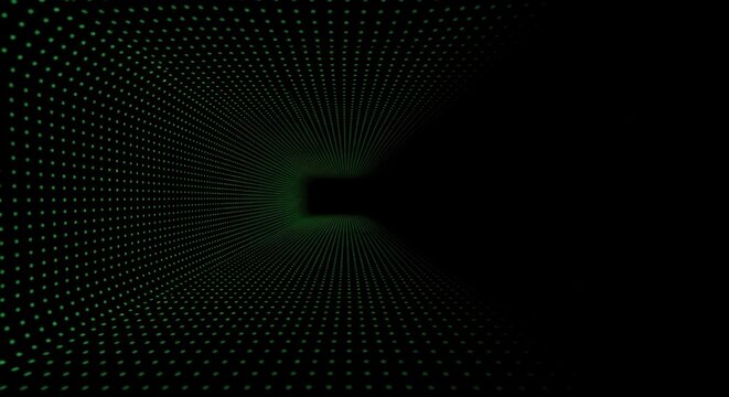 Green glowing dots form abstract digital technology tunnel background