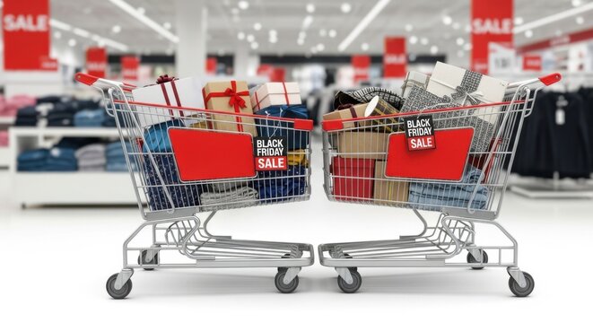 Black Friday sale shopping carts filled with gifts and clothes