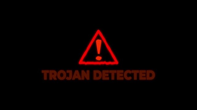 Red Warning Triangle Exclamation Mark Trojan Detected Cyber Security Threat Alert Glowing Neon
