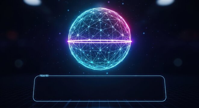 Futuristic Digital Network Globe with Neon Interface and Data Display