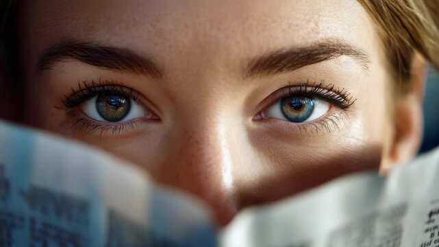 Woman's eyes peering over a newspaper, close-up portrait with striking detail