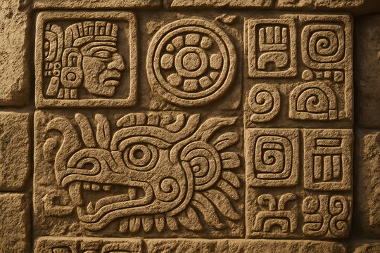 A detailed stone wall featuring ancient carved symbols, faces, and geometric patterns.