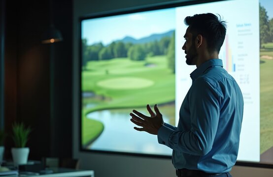 Man presents ideas using large projection screen showing golf course. Pro male gives talk in modern conference room, indoor setting. Discussing strategy planning, corporate teamwork, business