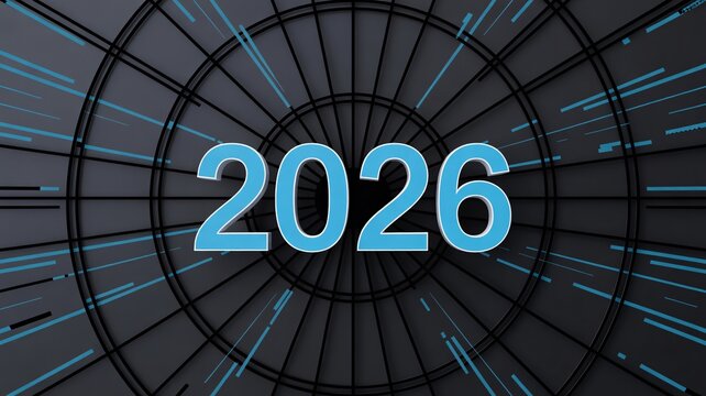 Futuristic 2026 Typography with Digital Grid and Neon Light Speed Background