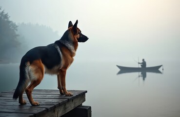 German Shepherd dog stands on wooden pier during foggy morning. Loyal pet watches fisherman in boat on calm misty lake. Peaceful quiet nature scene with still water, forest and outdoor solitude.