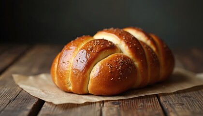Golden brown brioche loaf rests on parchment paper atop rustic wooden table. Soft lighting enhances tempting texture. Freshly baked pastry offers delicious breakfast snack. Warm, buttery, fluffy.