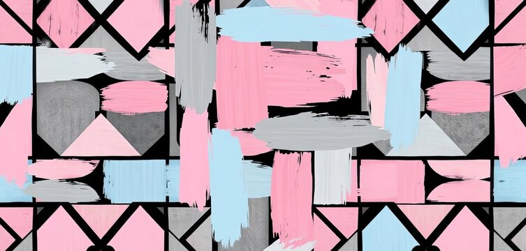 Pastel pink, blue, gray, black abstract vector Memphis pattern with hand-painted brush strokes and textured geometric shapes, vector, texture
