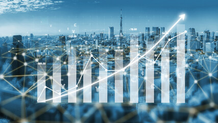 A dynamic visualization of a city skyline combined with a financial growth chart, illustrating market trends and economic progress in urban areas. Impute