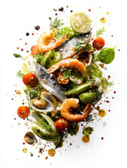 Fresh seafood with green vegetables on white background for advertising and design