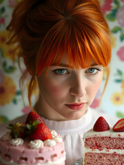 Mirada profunda frente a un pastel de fresas con fondo multicolor