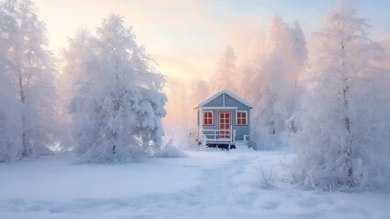 A tranquil winter scene featuring a small blue cabin with red doors and windows, set against a backdrop of a misty forest. The cabin is surrounded by snowcovered trees.