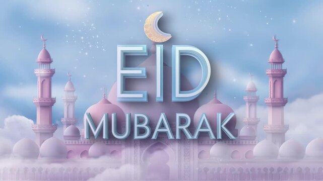 Eid Mubarak greeting with a beautiful mosque and sparkling sky for Islamic celebration