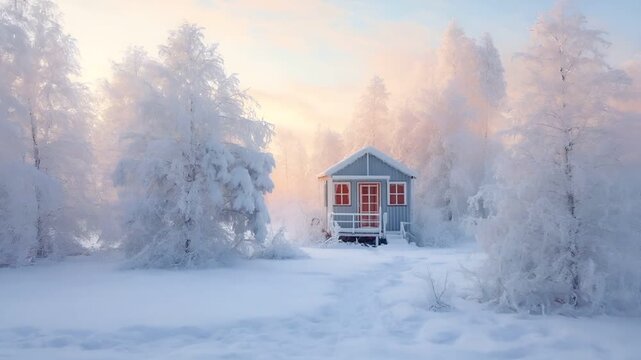 A tranquil winter scene featuring a small blue cabin with red doors and windows, set against a backdrop of a misty forest. The cabin is surrounded by snowcovered trees.