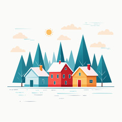 Obraz premium A colorful digital illustration of three snowy houses with evergreen trees and a sunny sky in the background. Perfect for websites, blogs, and social media graphics.