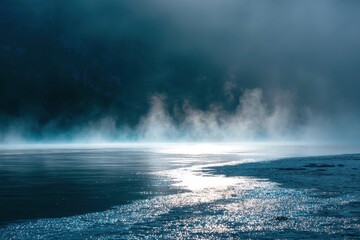 Obraz premium Ethereal Light Illuminates Rising Steam on a Frozen, Moody Blue Shoreline.