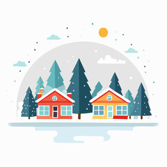Naklejka premium A digital illustration of two cozy houses surrounded by tall evergreen trees, set against a snowy landscape with a large sun and clouds in the background. Perfect for websites,