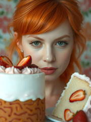 Retrato vibrante de una mujer pelinaranja y una tarta de fresa detallada