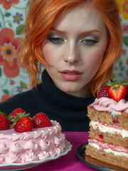 Mujer de cabello naranja concentrada junto a un pastel de fresa realista