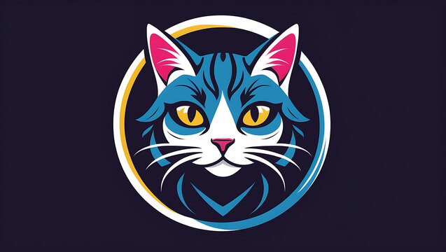 Illustration of blue cat face with yellow eyes and pink ears on dark background