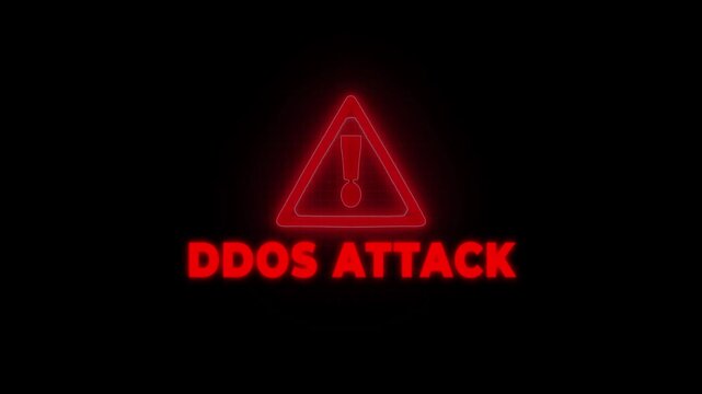 Red neon warning sign with exclamation mark and D O S A T A C K text on a dark grid background