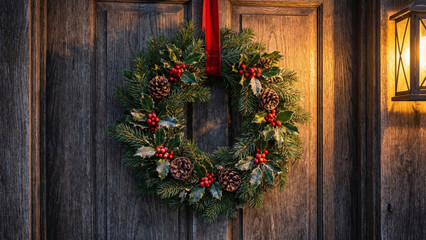 Fototapeta premium Traditional Christmas Wreath with Pine Cones and Berries on Rustic Wooden Door with Lantern Light