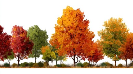Naklejka premium A beautiful array of trees displays stunning autumn colors with shades of orange yellow and red. The scene reflects a tranquil natural setting perfect for leisurely strolls.