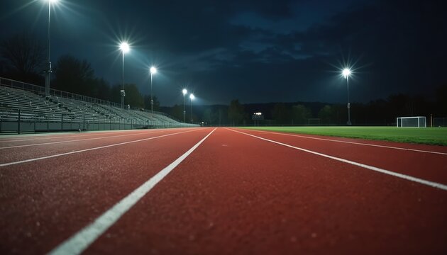 Empty red running track with clear white lanes visible under bright stadium lights at night. Athletic field shows stadium bleachers, green grass soccer pitch with goal. Modern sports facility awaits
