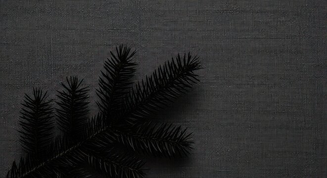 Dark fir branches on grey grid texture background