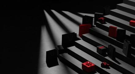 Modern dark staircase with shopping bags and red gift boxes