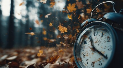 Amidst the serene forest leaves dance in the breeze around a vintage clock capturing the essence of autumn during the fading light of day. The peaceful scene invites reflection.