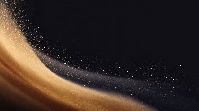 Abstract golden shimmer on dark background, flowing textures and glittery particles, creating a mesmerizing visual experience of luxury and elegance