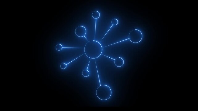 Glowing neon topology icon on black background. Animation of glowing neon Molecule model. Or global inter net connection icon animation.