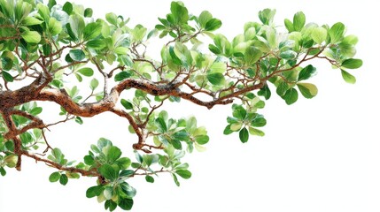 A bonsai tree with intricate branches displays numerous vibrant green leaves. The composition showcases the delicate structure and natural beauty of the tree highlighting its artistic form.