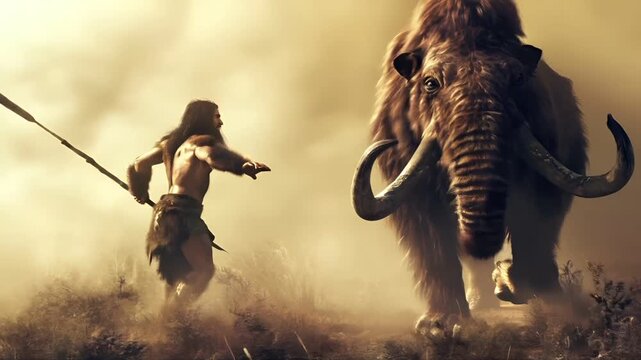 A vivid portrayal of a prehistoric warrior and a mammoth in a misty, goldenhued environment. The warrior, depicted with a spear, stands poised in a defensive stance, his back to the viewer.