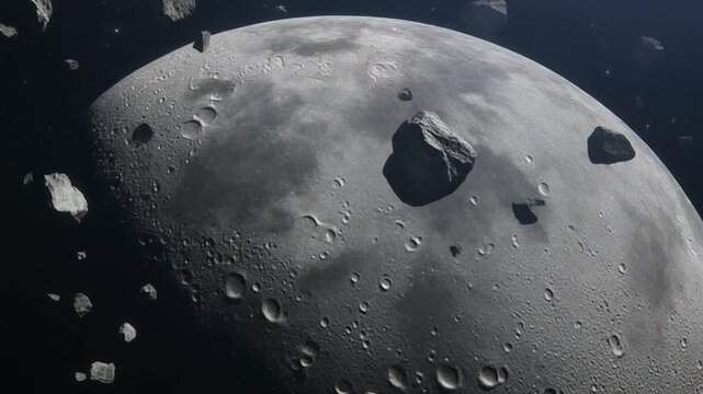 Rocky asteroids and meteoroids orbit a large, heavily cratered moon in deep space.