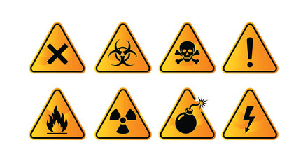 Collection of warning signs on a, including flammable, biohazard, explosive, and toxic symbols