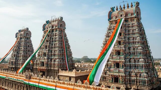 Magnificent Madurai Meenakshi Amman Temple Towers Draped in Indian National Colors