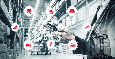 Smart warehouse management system with innovative internet of things technology to identify package picking and delivery . Future concept of supply chain and logistic network business .