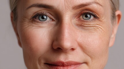 A close up view of a mature woman with bright blue eyes and a calm expression. The soft lighting highlights her facial features and natural aging. She exudes confidence and grace.