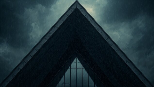 Modern building triangular shape concrete stone large glass window curved lines stormy sky dark clouds raindrops dramatic ominous foreboding generative AI - Powered by Adobe