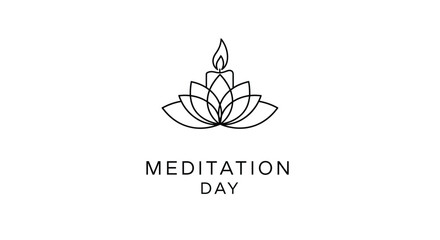 Minimalist line art icon representing meditation day with a lotus flower and a single burning candle flame isolated on white background
