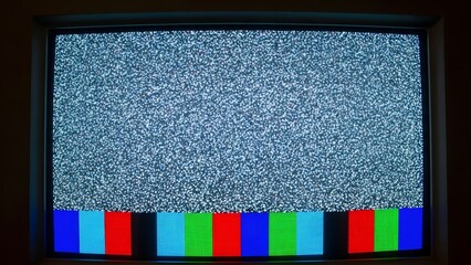 Analog television screen with static noise and color bars