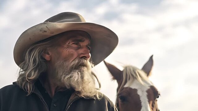 A closeup of a man wearing a cowboy hat, with a horse in the background. The man has a long white beard and mustache, and his eyes are focused intently on something offcamera.
