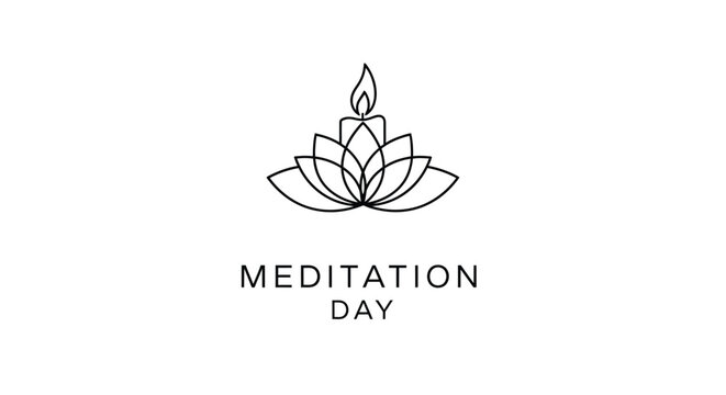 Minimalist line art icon representing meditation day with a lotus flower and a single burning candle flame isolated on white background
