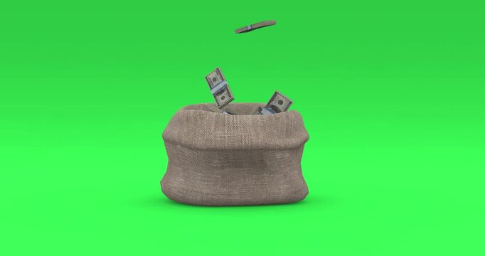 Falling US Dollar Banknotes into Burlap Sack. Investment Success, Financial Growth, and Prosperity Concept.