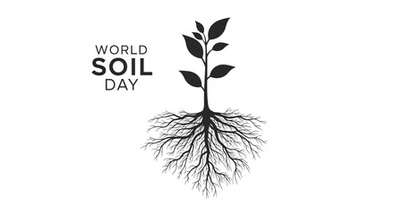 Black and white graphic illustration for world soil day featuring a seedling with extensive root system isolated on white background

